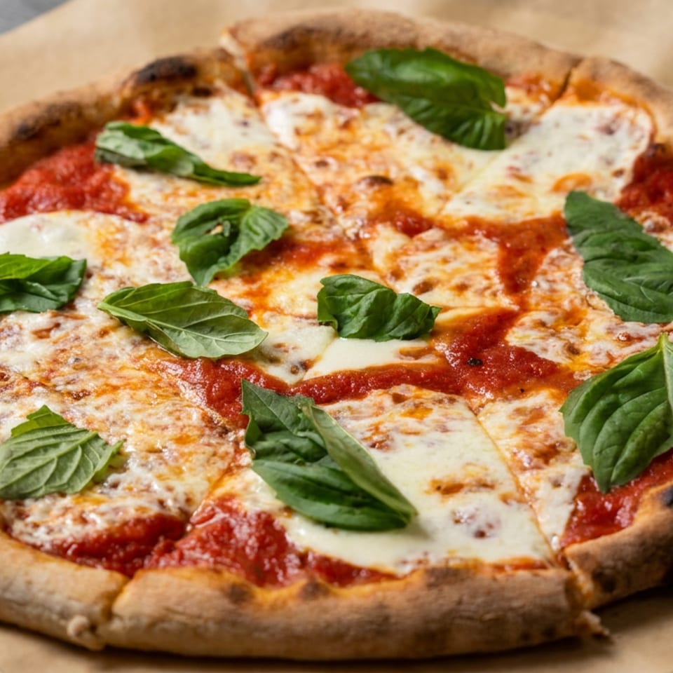 Neapolitan-style pizza topped with melted mozzarella, tomato sauce, and fresh basil on parchment paper.