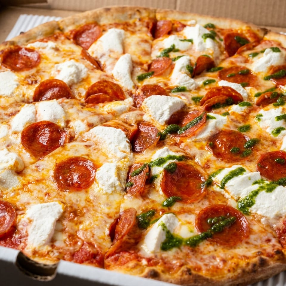Pepperoni pizza topped with dollops of ricotta and green herb sauce in an open cardboard delivery box.