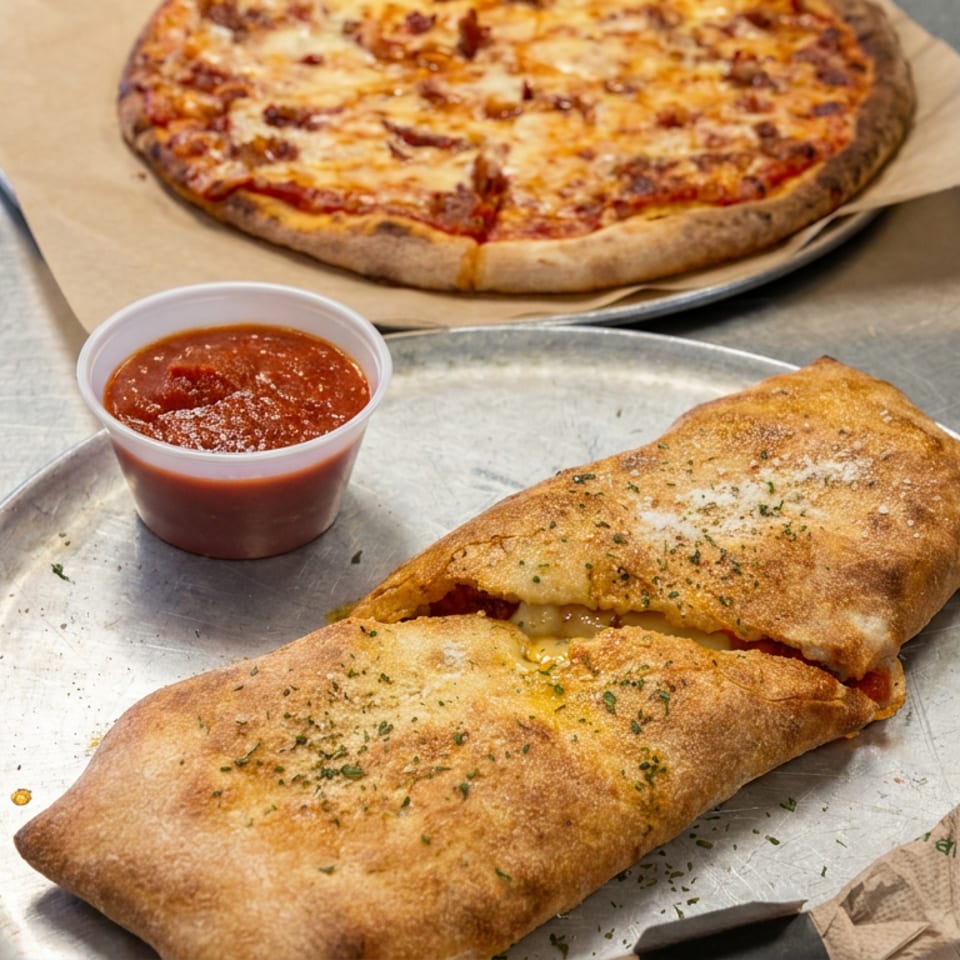 Two golden calzones with marinara sauce and a cheese pizza arranged on metal trays.