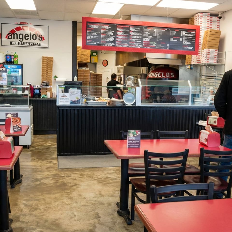 Angelo’s Red Brick Pizza dining area with red tables, counter service, menu board, pizza boxes, and customers.
