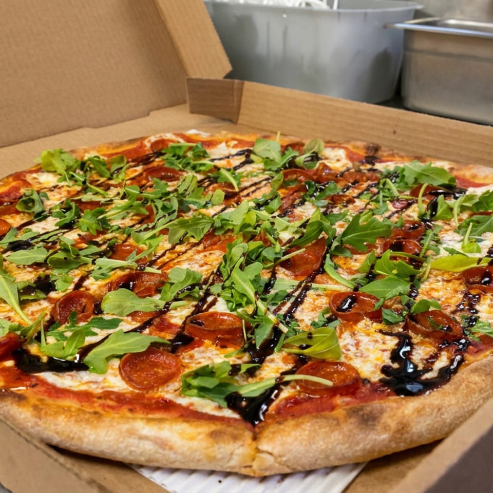 Fresh pepperoni pizza topped with arugula and balsamic glaze in an open cardboard delivery box.