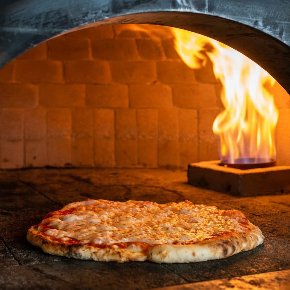Cheese pizza baking in a brick wood-fired oven beside bright flames.