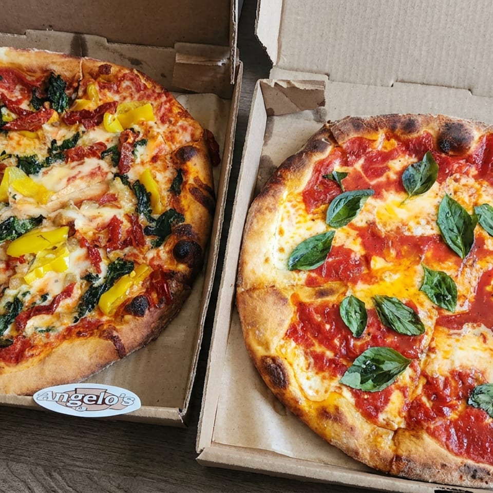 Two wood-fired pizzas in open cardboard boxes: one topped with vegetables and chicken, the other with tomato, mozzarella, and fresh basil.