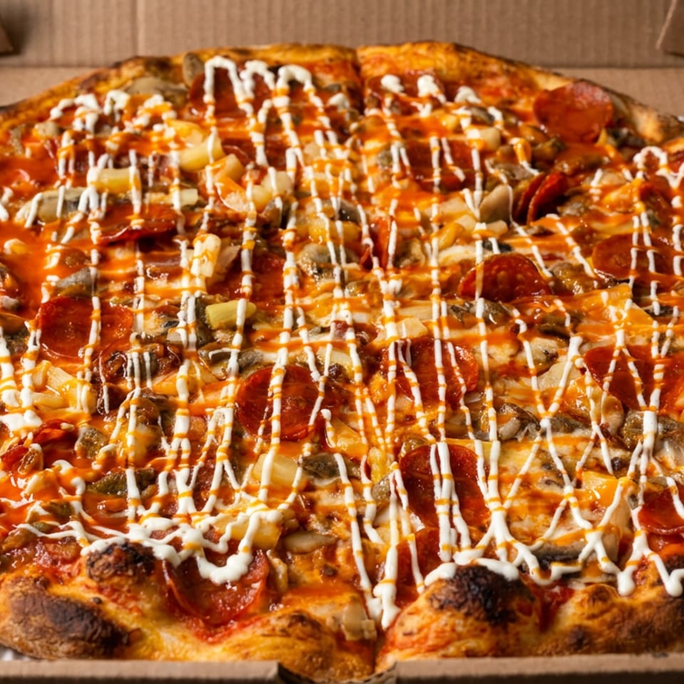 Pepperoni and mushroom pizza topped with diced onions and drizzled white and orange sauces in a cardboard box.